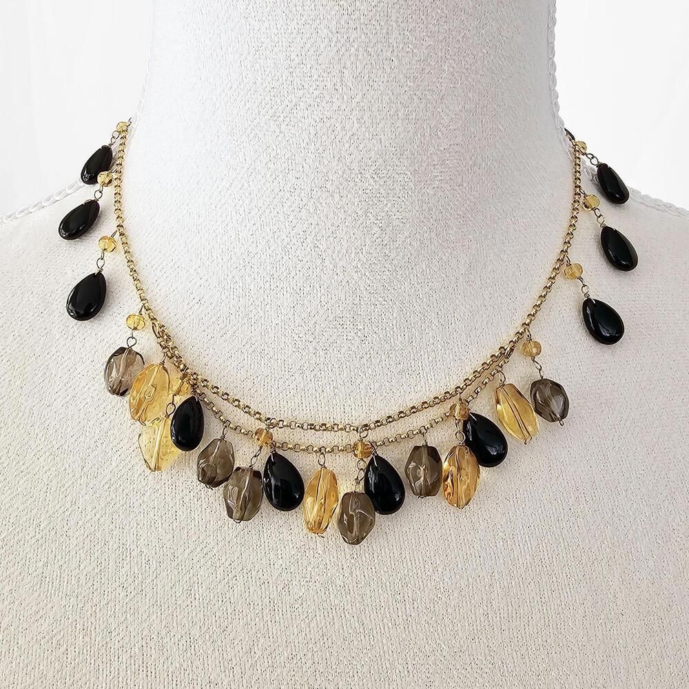 Vintage Elegant B&M 14K Gold Chain Necklace Black Yellow Smoky Gray Crystal Bead